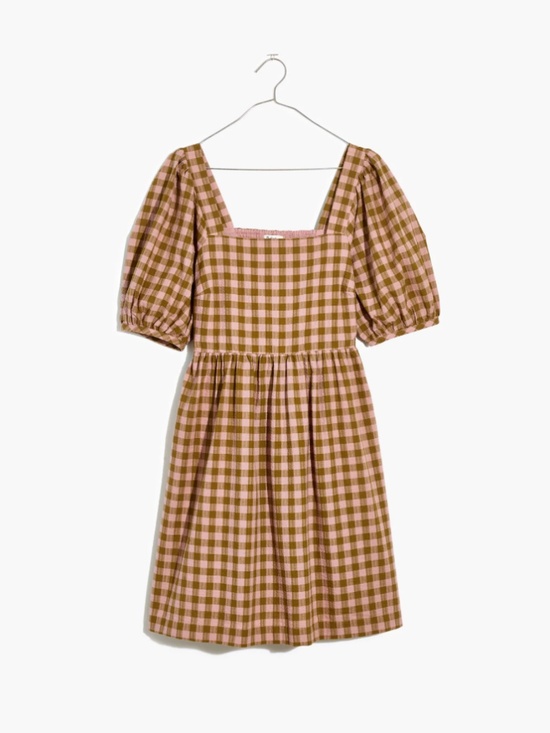 Madewell Dresses & Skirts - Madewell Pink Green Gingham Square Neck Puff Sleeve Dress XL Cottagecore